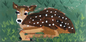 Painting of a brown fawn laying in the green grass