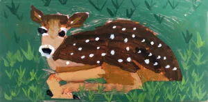 Painting of a brown fawn laying in the green grass